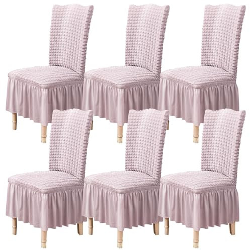 Qubjus Stuhlabdeckungen für Esszimmer Satz von 6 Stretch Stuhl Slipcover mit Rock abnehmbar waschbar Küche Stuhl Protector Cover Set für Haus, Party, Hochzeit(Rosa, 6Stück)