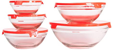 Prodbuy Set of 5 Small Glass Bowl Red Lids Stackable Food Fridge Storage Containers