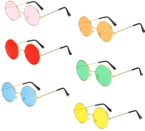 Fengguock 6 Stück Vintage Runde Hippie Sonnenbrille, Partybrille, Retro Brille für 60er 70er Jahre Festival Zubehör