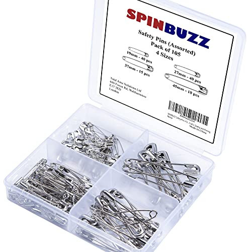 SPINBUZZ Safety Pins 4 Sizes Pack of 105 Nickle Plated Rust Resistant Steel Heavy Duty Quality Pins For Clothing, Arts & Crafts, Sewing and Pinning