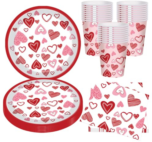 BlinBlin Valentine's Day Partygeschirr, Liebes Themenparty geschirr Set, Teller, Tassen, Servietten, Thema Party Dekorationen, für 24 Gäste