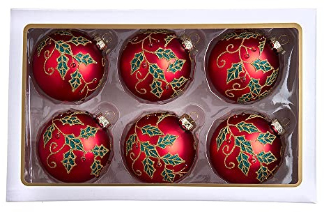 Kurt Adler 80MM Glass Red Berry and Holly Leaves 6-Piece Ball Ornament Set