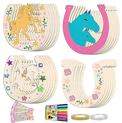 Hufeisen Holz, 24 Stück Hufeisen Kindergeburtstag Holz, Scheiben Hufeisen mit 12 Aquarellstift+3 Paillettenaufklebern+2 Glitzerband, Holz Hufeisen Basteln für Kinder Party, Geburtstagsdeko, DIY