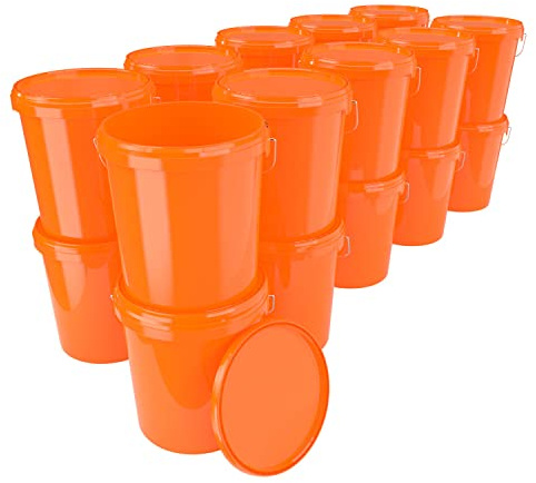 FixedByU 20x Eimer mit Deckel 16 Liter Orange - lebensmittelecht luftdicht und stabil, Leer Eimer mit Griff und Verschluss Deckel für Lebensmittel Chemie Wand Farbe Waschpulver Klebstoffe geeignet