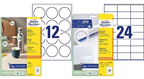 AVERY Zweckform L3416-100 runde Etiketten, weiß & 3490 Adressaufkleber (600 plus 120 Klebeetiketten extra, 70x36mm auf A4, Papier matt, bedruckbare Absenderetiketten) 30 Blatt, weiß