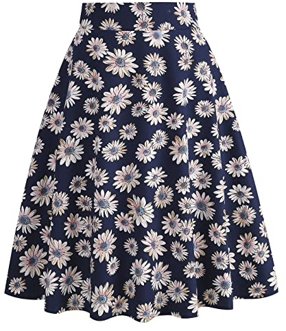 Odizli Rock Damen Knielang Rockabilly Elegant A Linie Skirt Petticoat Röcke Tellerrock Faltenrock Vintage Gepunktet Blume Swing 50er Jahre Retro Trachtenrock Festlich Sommerrock Dunkelblau Daisy S