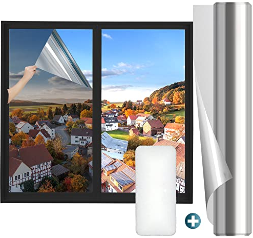 SAMHEITO Sonnenschutzfolie Fenster Innen 90x200cm Fensterfolie Selbstklebend Spiegelfolie Fenster Blickdicht von außen Hitzeschutzfolie Sichtschutzfolie Fenster Wärmeschutzfolie UV Schutzfolie Silber