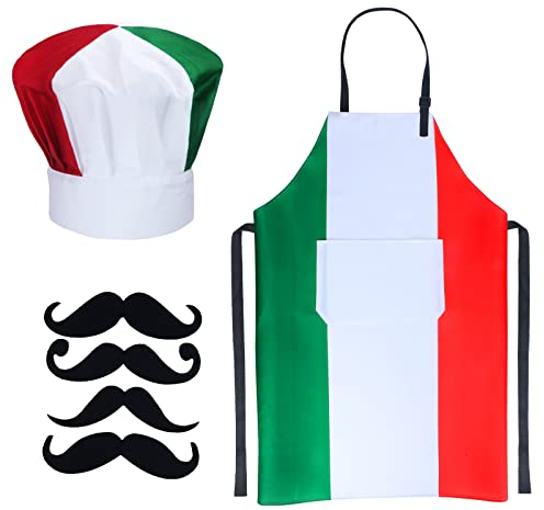 Keymall Italienischer Koch Kostüm - Kochmütze und Schürze für Damen - Italienische Flagge - Kochschürze aus Stoff für die Küche zu Hause - Standard