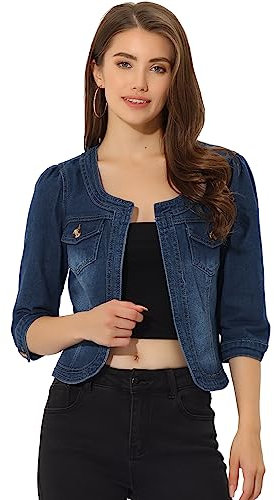 Allegra K Women's Short Denim Jacket Collarless 3/4 Sleeve Jean Jackets Dark Blue XL
