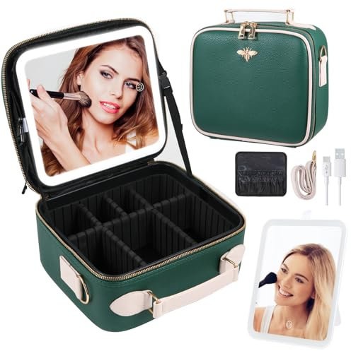 GERYUAEG Beauty case da viaggio con specchio illuminato a LED, ricaricabile, organizer per trucchi artistico, da donna, con divisori regolabili, porta pennelli da trucco e tracolla, Verde, Moda