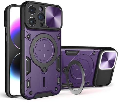 for iPhone 14 Pro Max Case, Slide Camera Lens Cover, Metal Ring Holder Kickstand, Support Magnetic Shell, TPU PC Dual Layer, Heavy Duty Shockproof Phone Case Cover for iPhone 14 Pro Max, Purple