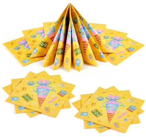 Tenare 50 Stück Bunte Servietten zum Schulanfang Papierservietten zur Einschulung Schulkind Servietten für Schulanfänger Einwegservietten mit Zuckertüte Muster für Jungen Mädchen, 33 x 33 cm