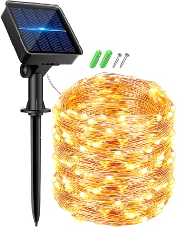 RJEDL Solar Lichterkette Aussen, 12M 100 LED lichterkette Außen Wetterfest 8 Modi IP65 Wasserdicht Kupferdraht Lichterkette Außen Innen und Outdoor für Garten Terrasse