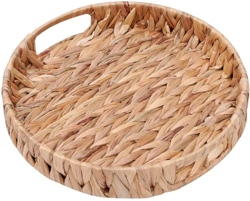 Bandeja de mesa de café, bandeja otomana redonda tejida con asas, cestas de almacenamiento de jacinto de agua, bandejas de mimbre para servir decoración del hogar y la cocina (11.8 x 1.9 pulgadas)