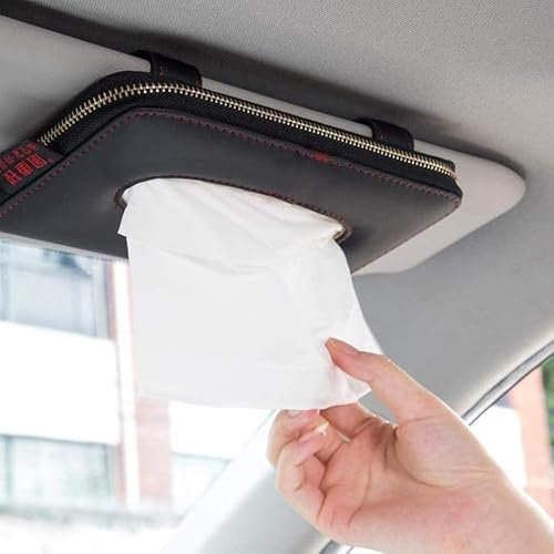 Car Tissue Holder, Sun Visor Tissue Holder, Car Visor Napkin Holder, PU Leather Backseat Tissue Case Holder for Car Vehicle with Zipper Hanging Paper Towel Case Car Accessories (Black)