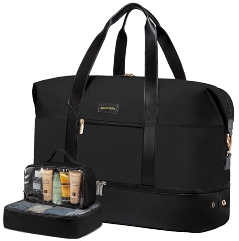LOVEVOOK Cabin Bag 45x36x20, Waterproof Travel Bags for Women Hospital Holdall Overnight Duffle Bag with Shoes Compartment, Carry On Hand Luggage for Underseat Black