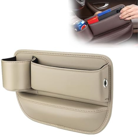 Zenines Cup Holder Gap Bag,Atsizral Car Seat Storage Box,Naneug Car Leather Cup Holder Gap Bag,No Logo Leather Car Seat Storage Box With Water Cup Holder (BEIGE,drivers)