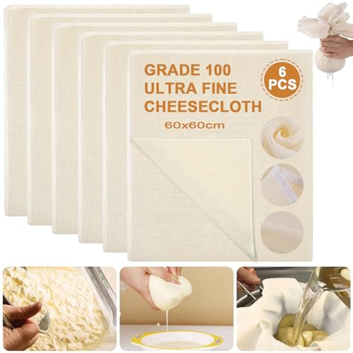 Volhuluk 6 piezas de tela filtrante, gasa alimentaria 60 x 60 cm, paño para queso, algodón natural, no blanqueado, gasa ultra fina, lavable, paño filtrante, para queso, zumos de frutas, tofu, café