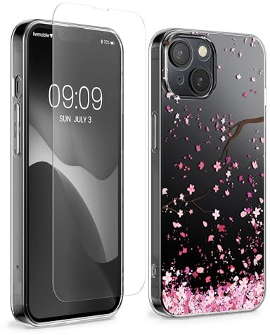 kwmobile Clear Case and Screen Protector Compatible with Apple iPhone 13 / iPhone 14 Case - Cherry Blossoms Pink/Dark Brown/Transparent