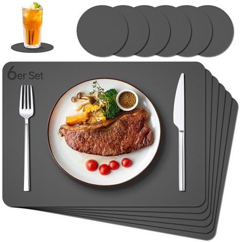 IKWOLETI Tischsets Abwaschbar mit Untersetzer - 6er Set Platzsets Abwaschbar aus Leder - Doppelseitige Platzdeckchen in Lederoptik - Ideal für Küche und Büro Dunkelgrau