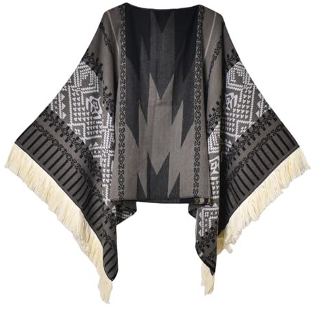 JLNYKADA Damen Poncho Pullover Vielseitiger Schal zum Wickeln mit Fransen für Herbst und Winter （Grau ）