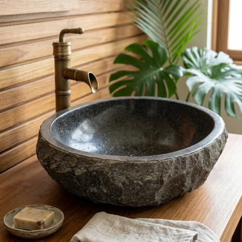 Lavabo de mármol Andesit de piedra natural – Fregadero de piedra volcánica negra ovalado hecho a mano, 45 cm, Indonesia