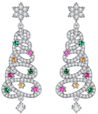 Ticome Christmas Tree Earrings,Silver Needle Water Diamond Snowflake Christmas Tree Earrings, Fashionable Holiday Decoration, Christmas Theme Decoration