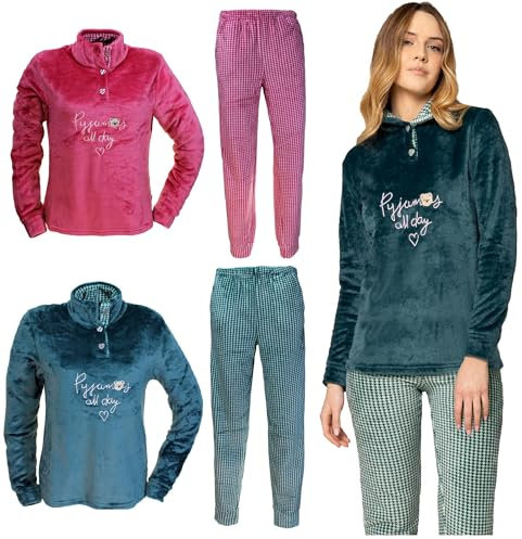 IRGE Pigiama Donna in Caldo Pile Coral Varie Fantasie 2190/2 (IT, Testo, XL, Regular, Regular, 2192 Fuxia)