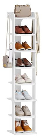 Hzuaneri Schuhregal, Schmales Schuhablage mit 8 Ebenen, Holz-Schuh-Organizer mit Haken, Verstellbar, Platzsparend, Geeignet für Eingang, Flur, Wohnzimmer, Weiß SR20803X