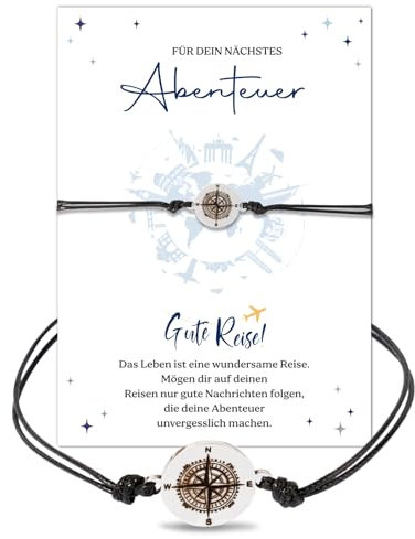 BOOMTOP Gute Reise Geschenk Glücksbringer Kompass Armband Reiseglücksbringer Glücksarmband Talisman zur Reise Viel Glück Geschenke Verstellbar Armkettchen für Frau Mann Lieblingsmensch mit Grußkarte
