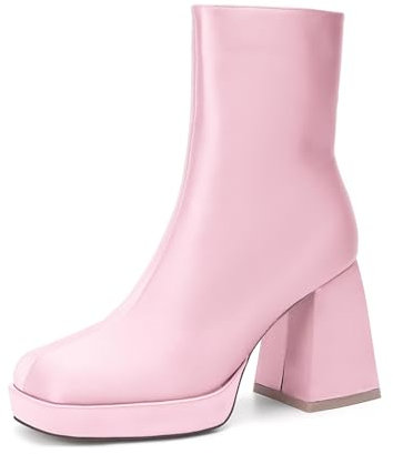 Scarpe da Sposa in Raso A Punta Quadrata da Donna Tacco A Blocco Alto Plateau Stivali Corti Cerniera Laterale Stivali da Ballo per Feste Nuziali,Rosa,40 EU