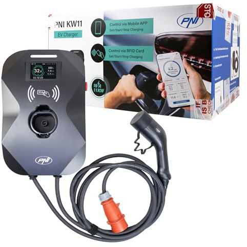 PNI KW11 16A, 11KW Ladestation, für Elektroautos, 85V - 415V, dreiphasig, 7-poliges Typ2-Kabel, 3,5 Zoll Bildschirm, mit Bluetooth, Anwendungssteuerung und RFID-Karte, IP55