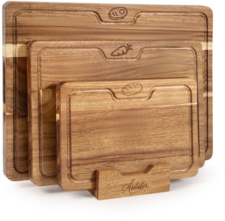 Schneidebrett Set aus Akazienholz – 3-teilig (40×30/33×24/26×18 cm) mit Saftrille, Griffmulde & Halter – Küchenbrett Holz für Fleisch, Gemüse & Brot