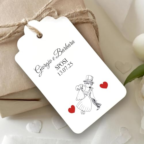 Mr Pubblicità - n. 60 Tag Bigliettini Bomboniera Personalizzati con Stampa inclusa – Etichette per Matrimonio, Sposi - Cartellini tag per bomboniere personalizzabili - Etichette (Sposini)