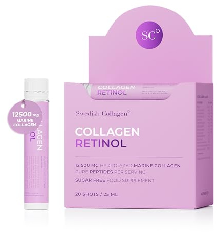 Swedish Collagen Retinol 12,500 mg Liquid Marine Collagen Shots, 20 x 25 ml | Type 1 & 3 retinol collagen shots with hyaluronic acid, vitamin C & biotin for hair, skin, nails & joints; anti-ageing beauty