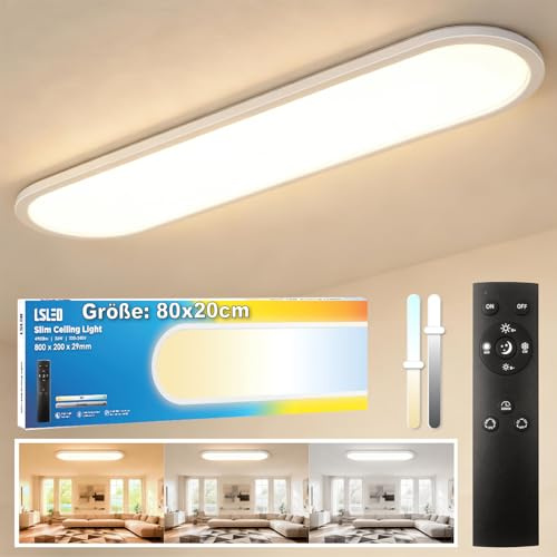 L5L3D LED Deckenleuchte mit Fernbedienung 36W Dimmbar 2700K-6500K 4900lm IP44 Wasserfest Speicherfunktion Nachtlicht für Wohnzimmer Schlafzimmer Küche Badezimmer Flur 80x20cm Oval Weiß