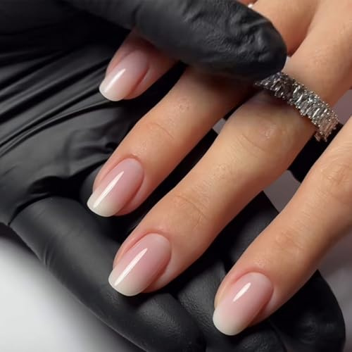 24PCS Short Square Gradient French Tip Press On Nails – ABS Material Soft False Nails with Jelly Adhesive Tabs, Elegant Handmade Design for Women, for Office, Date, Party & Travel