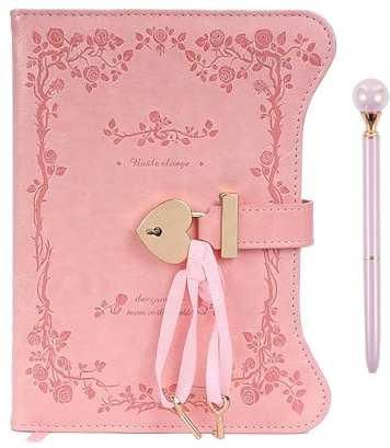 KUWUNG Diary with Lock for Girls Women, Lockable Diary with Key & Crystal Pen, 360 Pages Secret Diary for Girls with Heart - Shaped Lock, Cute Journal Notebook Kit for Girls Ages 8-14 (Pink rose)