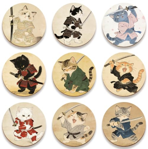 SUPERDANT 9 Piece Japanese‌ Cat Wood Coasters 10 cm Round Lightweight Table Decor Samurai Cat Surface Protectors For Cups Mugs No Slip Back Colorful
