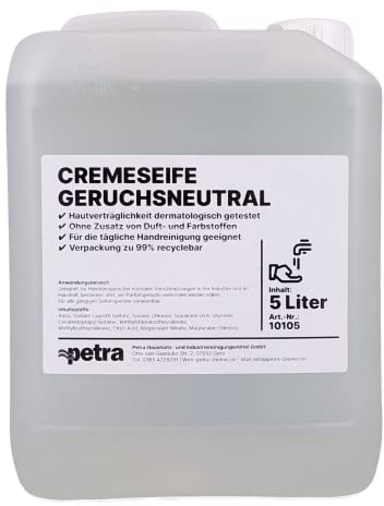 Cremeseife geruchsneutral [2x5 Liter Kanister] Flüssigseife ohne Duft- und Farbstoffe, pflegend, für tägliche Handreinigung wo Parfümgerüche vermieden werden sollen - Für alle gängigen Seifenspender verwendbar - Qualität aus Thüringen