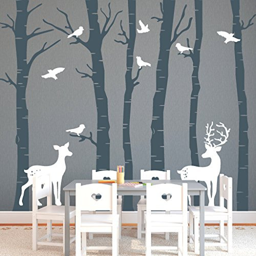 Wandtattoo-Loft Birkenstämme mit Hirsch, REH und Vögeln (2-farbig)“ / Wandaufkleber / 30 Farben / 2 Größen