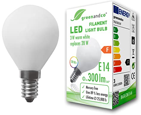 greenandco® CRI 90+ Glühfaden LED Lampe | matt | ersetzt 28 Watt E14 G45 Globe, 3W 300 Lumen | 2700K warmweiß | Filament Fadenlampe | 360° 230V AC | nicht dimmbar | flimmerfrei | 2 Jahre Garantie