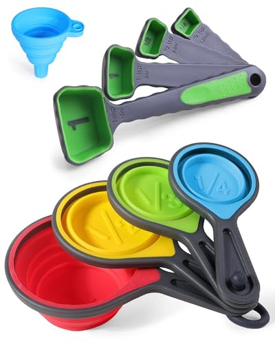 Collapsible Measuring Cups and Spoons Set with Funnel, 9-Piece, Silicone | Cute BPA-free Kitchen Set, No-mess Pouring, Heat-resistant, Space Saving, Collapses Flat, Fits RVs, Campers, Dorm Rooms