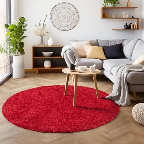 SIMPEX Flauschiger Teppich Wohnzimmer Schlafzimmer Läufer Flur Esszimmer Küchenteppich Hochflor Einfarbig Modernes Design 30 mm Florhöhe Kuschelweich, Rot, 160 cm Rund