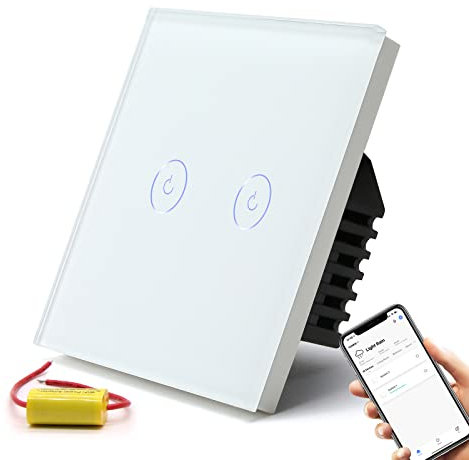 BSEED WiFi Touch Switch White,2 Gang 1 Way Smart Light Switch Compatible with Alexa and Google Home,with Smart Life Remote Control(No Hub Required)-No Need Neutral Wire