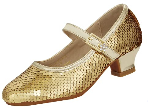 EIGHT KM Mädchen High Heel Kleid Schuhe Mary Jane Prinzessin Hochzeit Pumps Schuhe EKM7015 Glänzende Pailletten Meerjungfrau Gold Größe EU 37