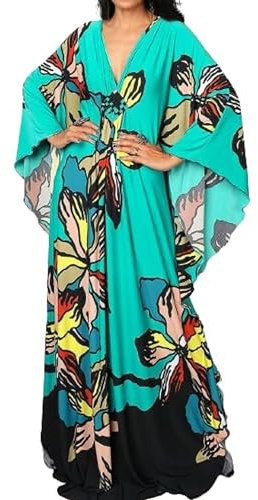 Bsubseach Plus Size Caftan Dresses for Women Swimsuit Cover Up Batwing Sleeve Summer Maxi Kaftan Dress Lake Green Floral