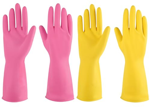 Lot de 4 paires de gants en caoutchouc réutilisables pour lave-vaisselle de cuisine, gants de nettoyage pour la maison (taille S, rose + jaune)