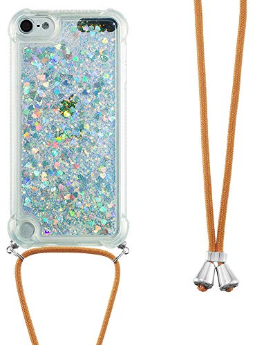 Handykette Handyhülle für iPod Touch 5/6 / 7 Hülle,Glitzer Quicksand kreatives Fließende Flüssigkeit schwimmt Silikon Case mit Umhängeband Handykordel Band Kette für iPod Touch 5,GS Silver Heart