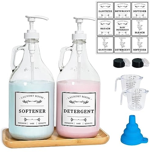LIKAJON Glass Laundry Detergent Dispenser, Liquid Laundry Soap Dispenser for Laundry Room, 64oz Detergent Bleach Softener Dispenser for Farmhouse Decor, includes Pumps, Funnel, Labels and Bamboo Tray